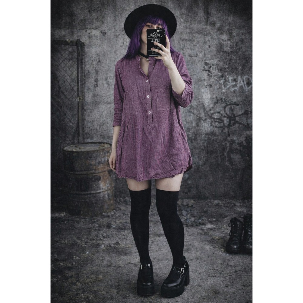 Y2K Grunge Casual Stripe Long Shirt Mini Dress Cotton Casual Western Size M